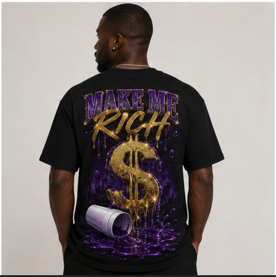 Black and purple Tiny T Make Me Rich T-shirt, back view