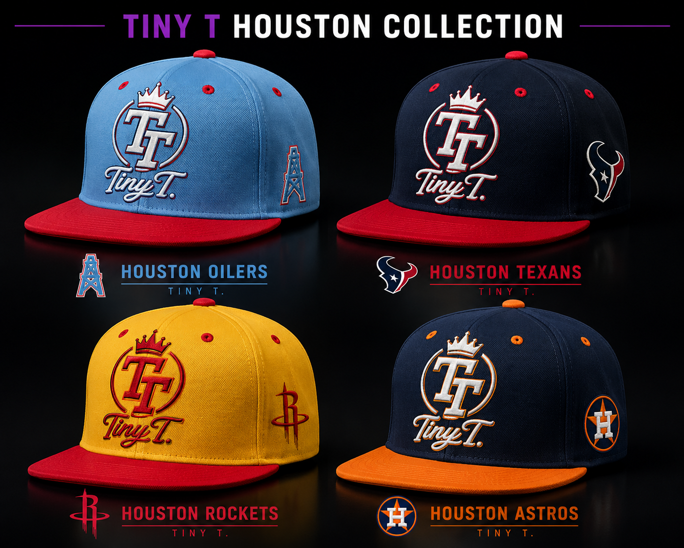 Tiny T Houston collection caps in Oilers, Texans, Rockets, and Astros colors